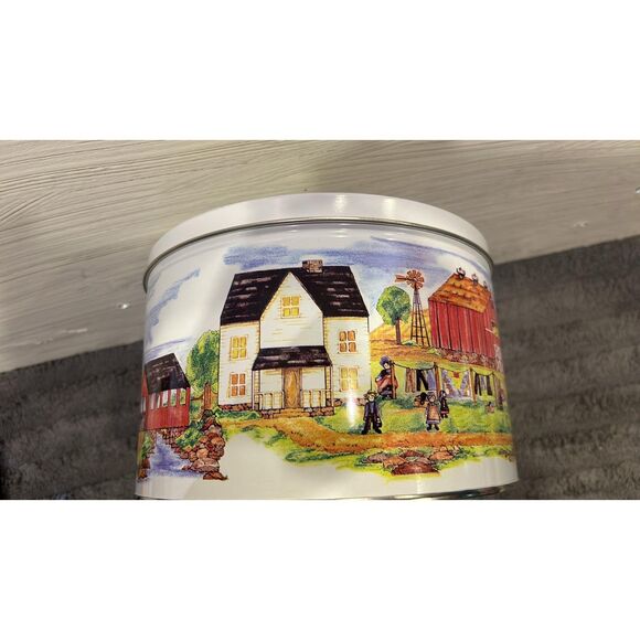 Vintage Figis Metal Tin  Can with Lid Country Farm Red Barn Sold Empty - Picture 6 of 9
